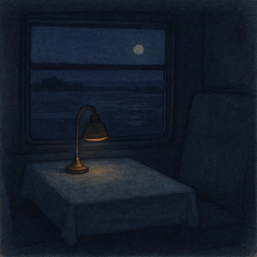 Painted illustration: a dim old train compartment at night: brass reading lamp glowing low over a worn cloth-covered table, green moquette seat, dark window holding the lamp's faint reflection above moonlit flooded fields.